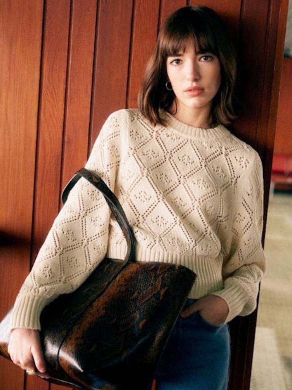 New Sezane Abby 100% Cotton Crochet Cropped Sweater Ecru Small